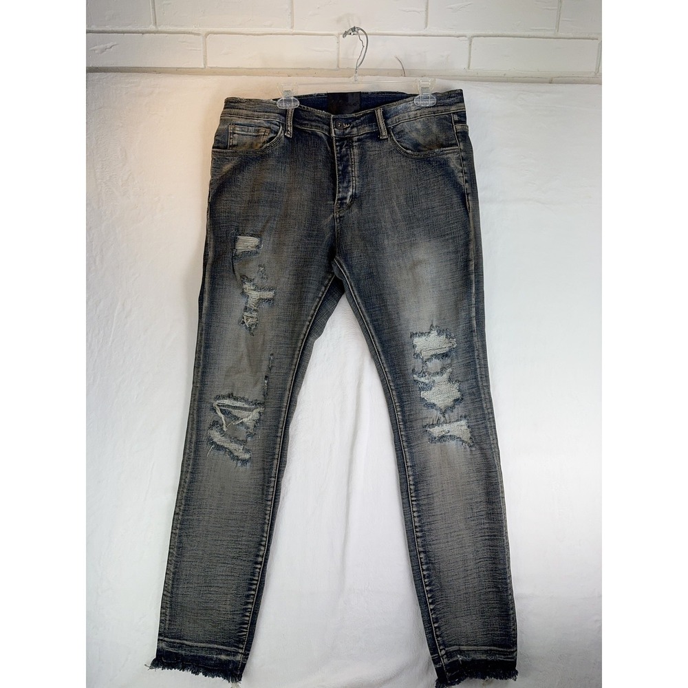 Valabasas Jeans Mens 36 Blue Distressed Tapered Leg Raw Hem Denim Patchwork